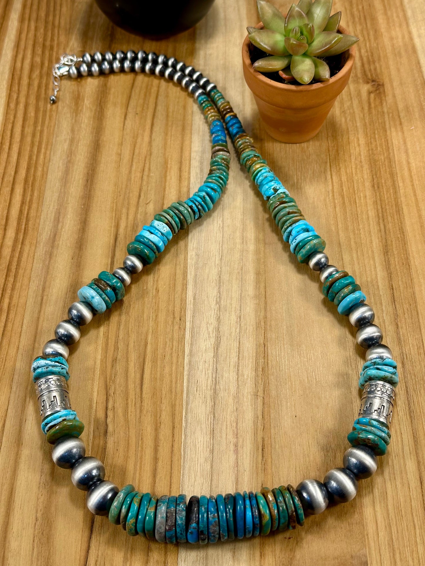 Kingman Turquoise Disc & Sterling Pearl Necklace