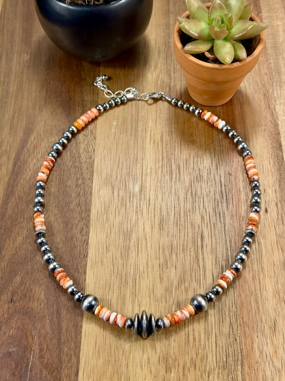 Orange Spiny Oyster & Navajo Pearl Necklace