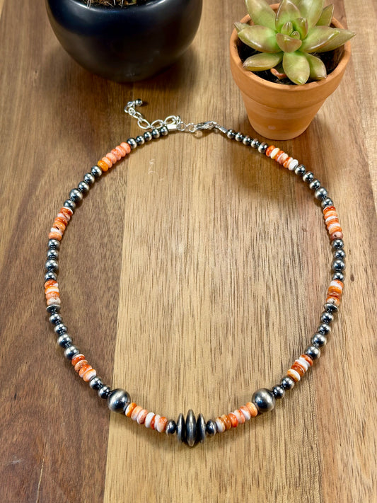Orange Spiny Oyster & Navajo Pearl Necklace