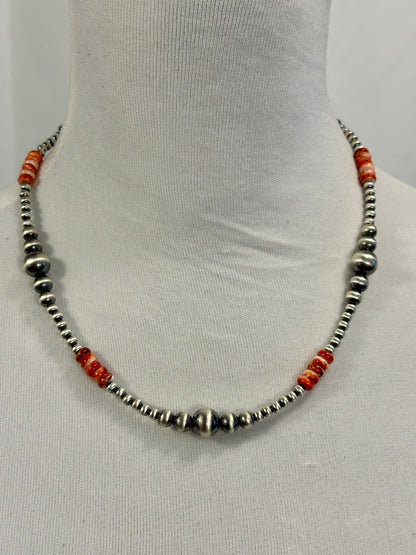 Red Spiny Oyster & Silver Pearl Bead Necklace