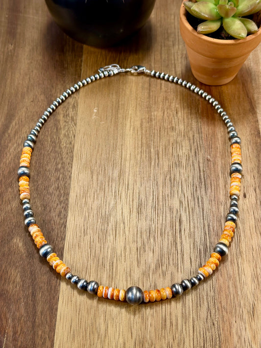Orange Spiny & Sterling Pearl Necklace