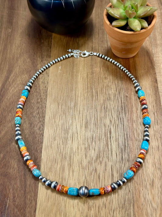 Multi Color Stone & Sterling Pearl Necklace