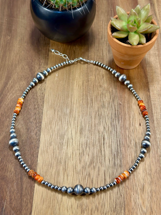 Orange Spiny & Sterling Pearl Necklace
