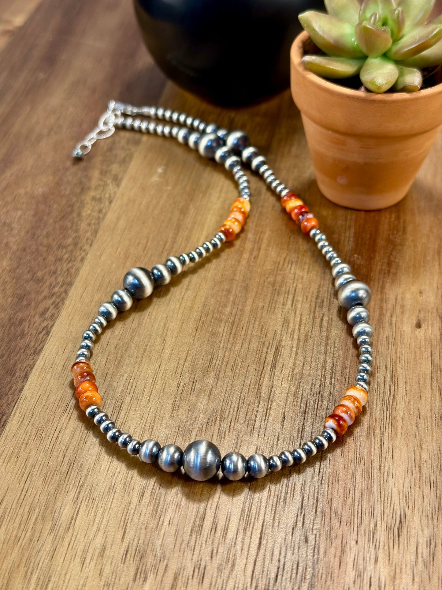 Orange Spiny & Sterling Pearl Necklace