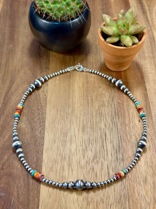 Multi Color Stone & Sterling Pearl Necklace