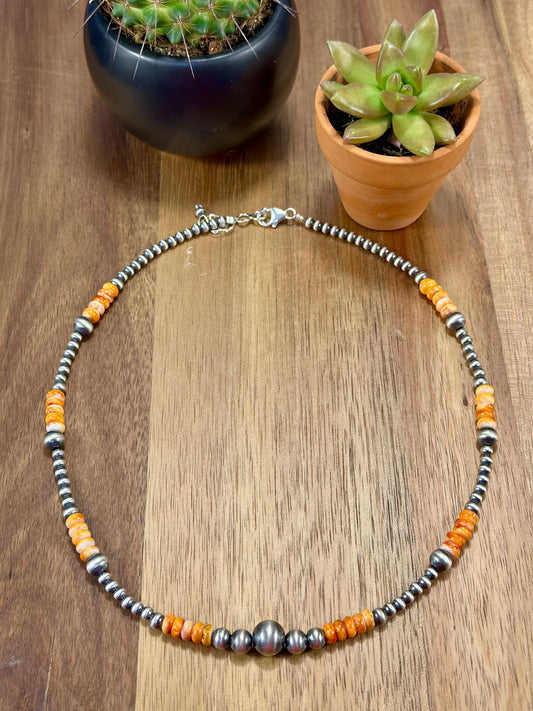 Orange Spiny Oyster & Sterling Pearl Bead Necklace