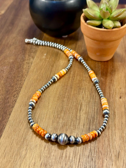 Orange Spiny Oyster & Sterling Pearl Bead Necklace