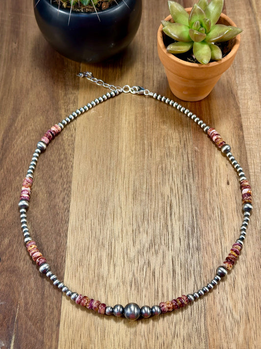 Purple Spiny Oyster and Silver Pearl Bead Necklace