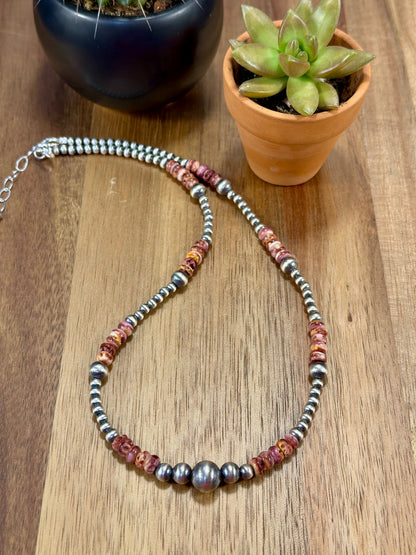 Purple Spiny Oyster and Silver Pearl Bead Necklace