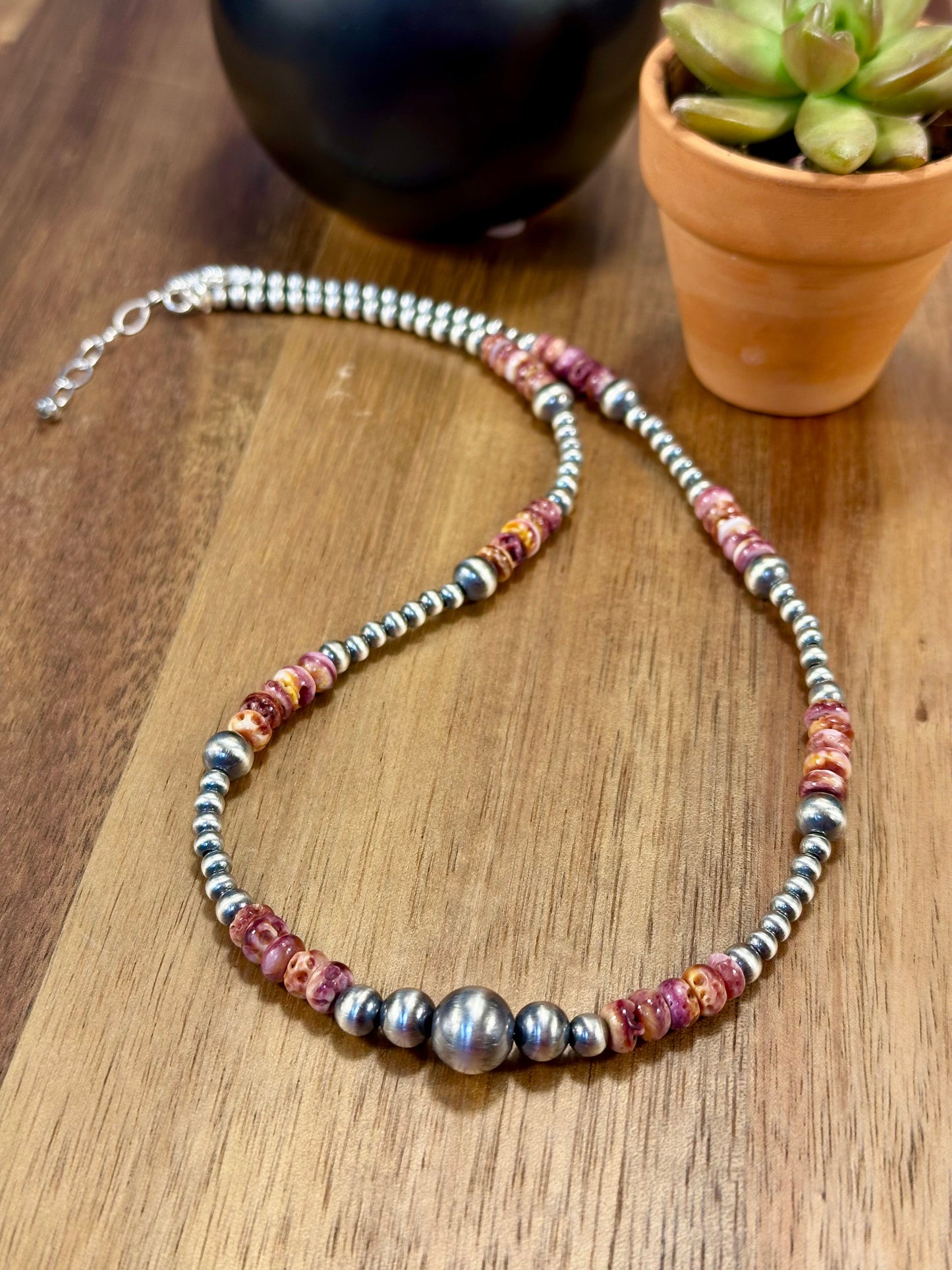 Purple Spiny Oyster and Silver Pearl Bead Necklace