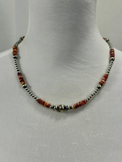 Purple Spiny Oyster and Silver Pearl Bead Necklace