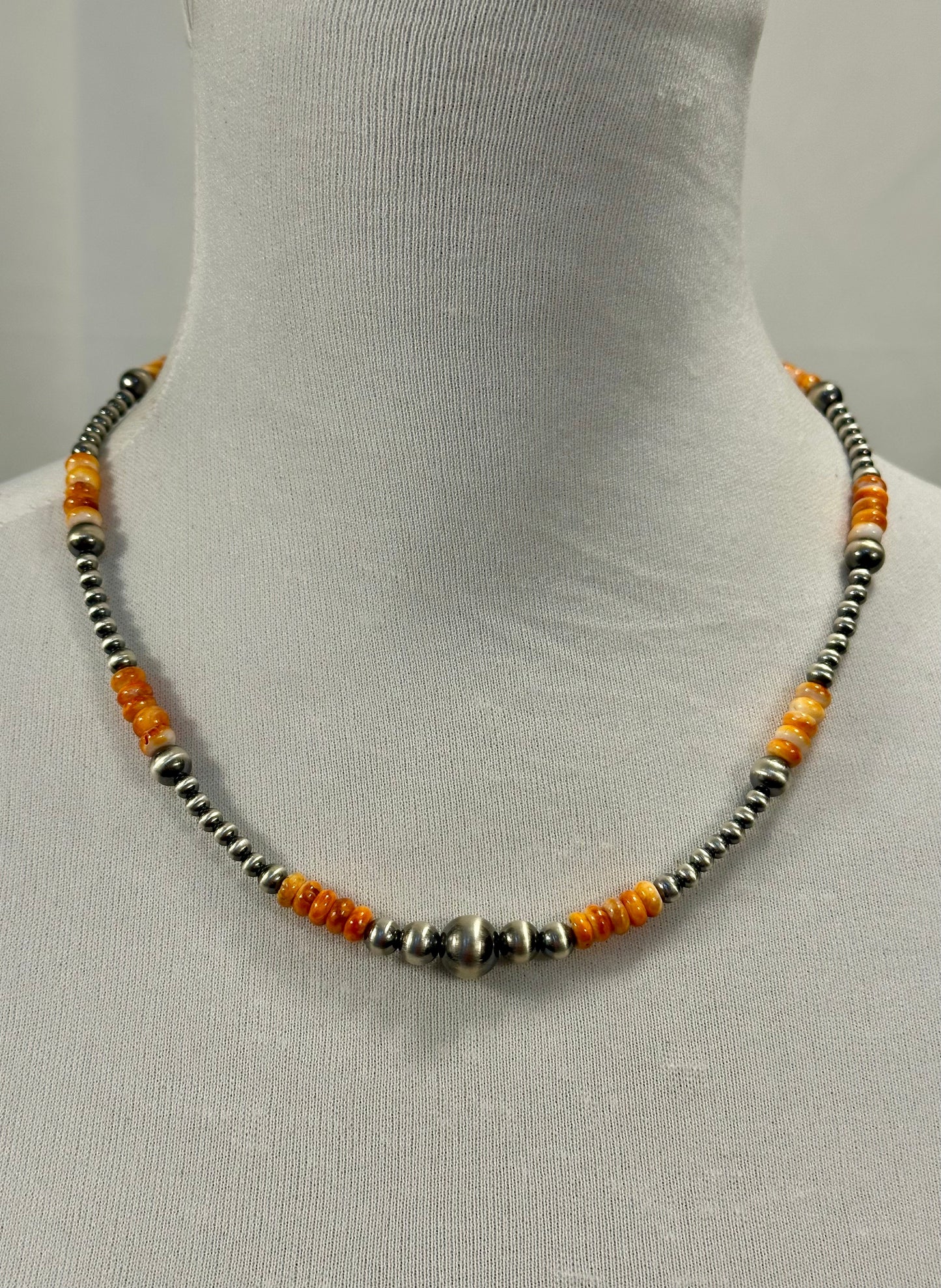 Orange Spiny Oyster & Sterling Pearl Bead Necklace