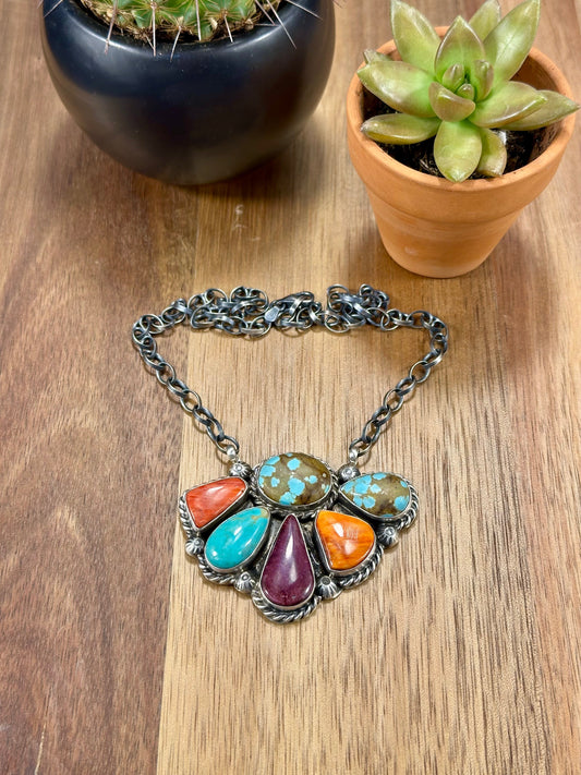 Multi Color Half Cluster Fan Sterling Silver Necklace