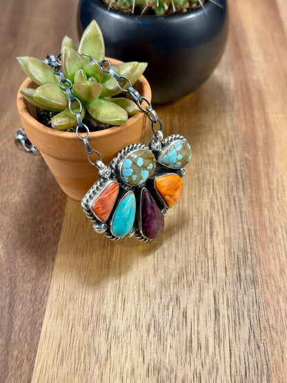 Multi Color Half Cluster Fan Sterling Silver Necklace