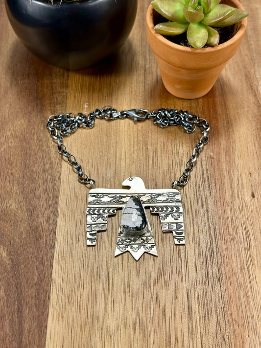 White Buffalo & Sterling Silver Thunderbird Necklace