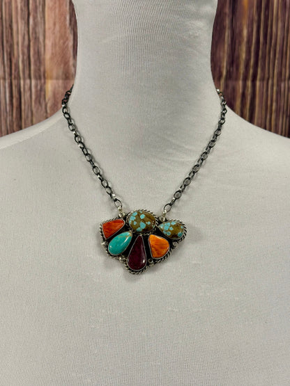 Multi Color Half Cluster Fan Sterling Silver Necklace