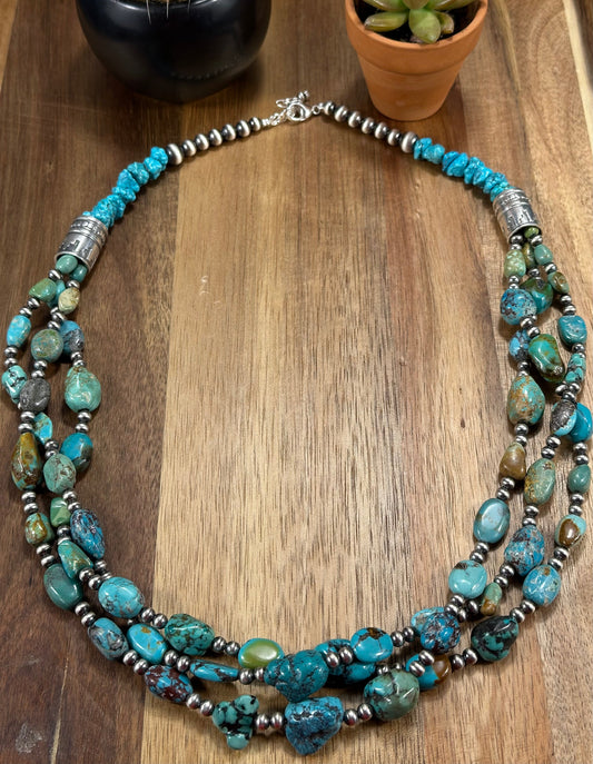 Kingman Turquoise 3 Strand Sterling Necklace