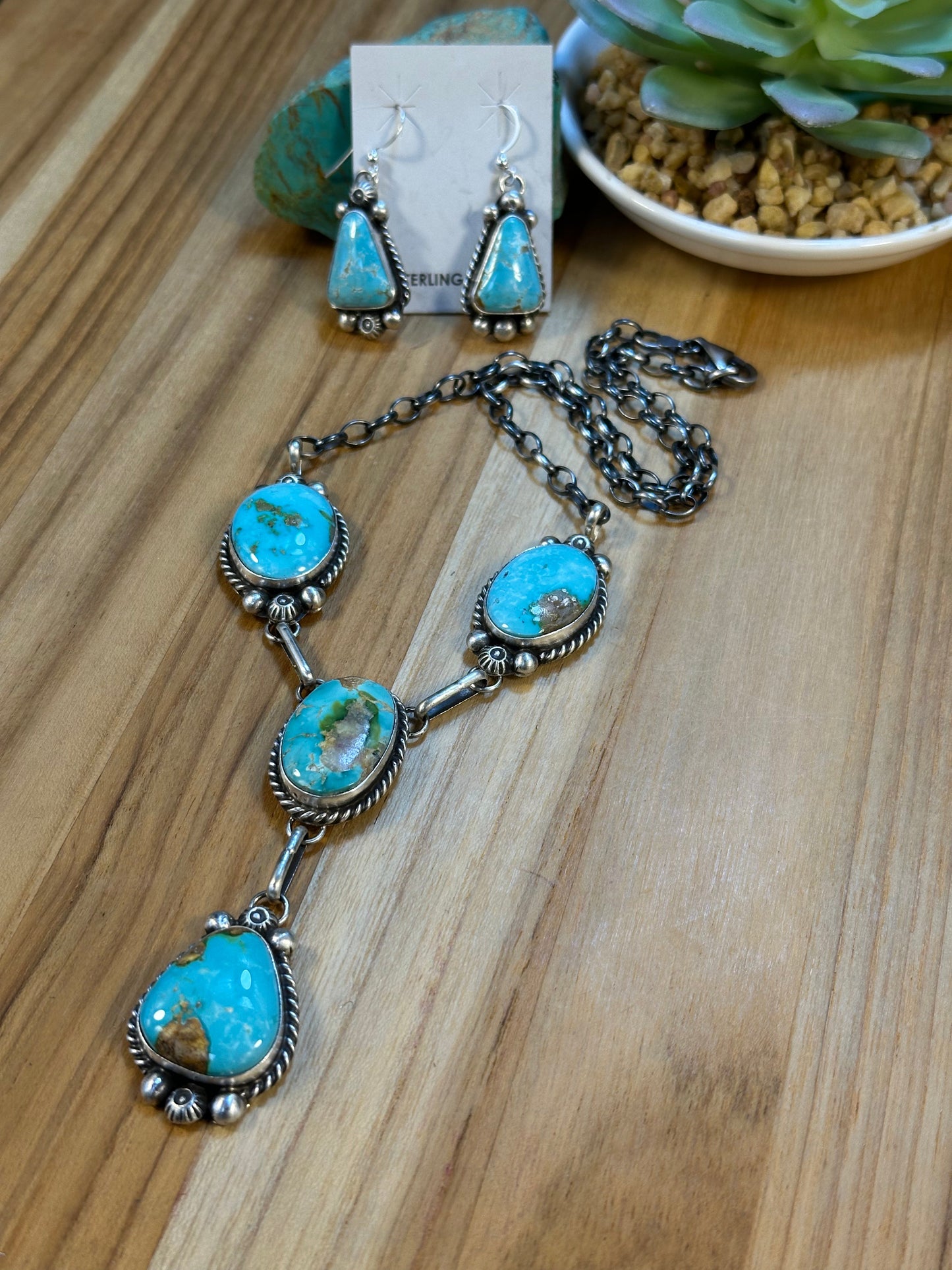 Kingman Turquoise Mini Lariat Necklace and Earring set
