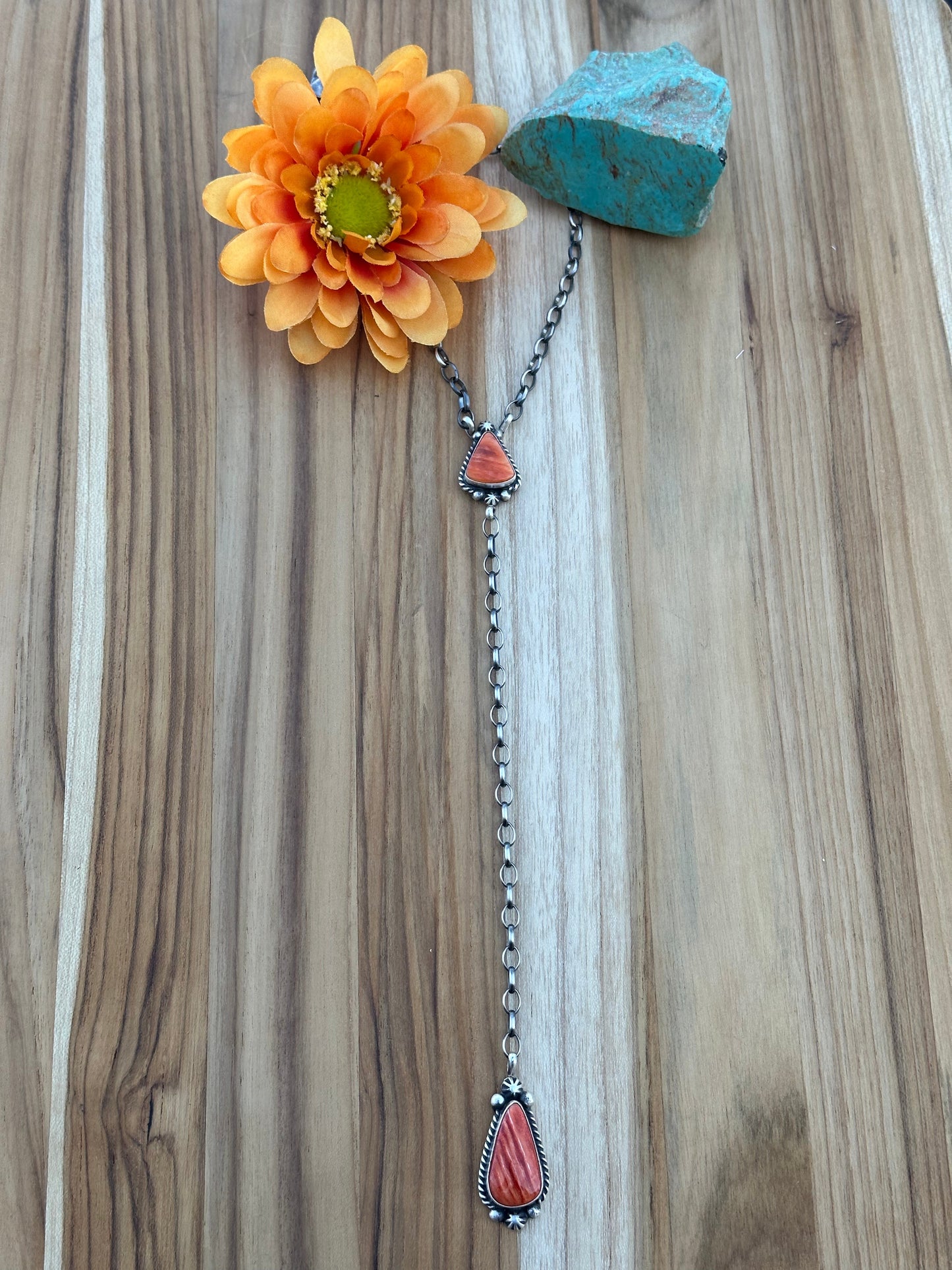 Orange Spiny 2 Stone Sterling Silver Necklace