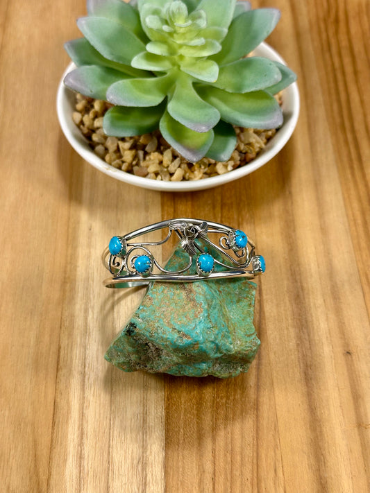 Kingman Turquoise Floral Cluster Cuff Bracelet