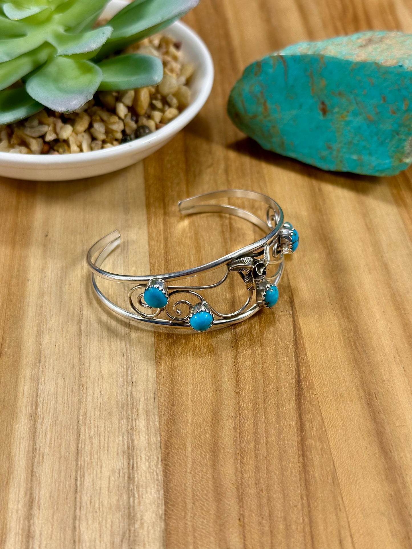 Kingman Turquoise Floral Cluster Cuff Bracelet