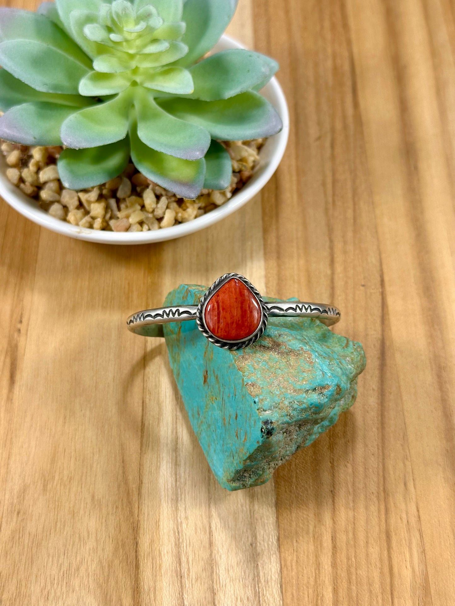 Single Stone Red Spiny Tear Drop Open Cuff