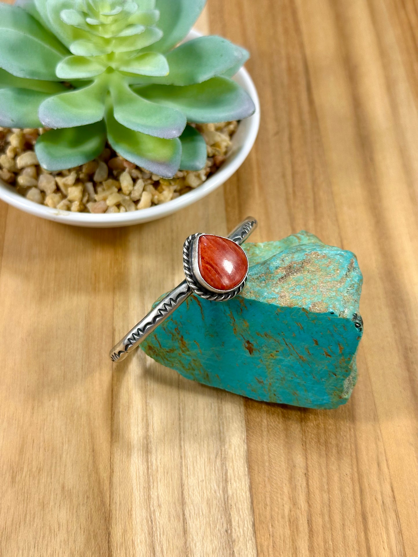 Single Stone Red Spiny Tear Drop Open Cuff