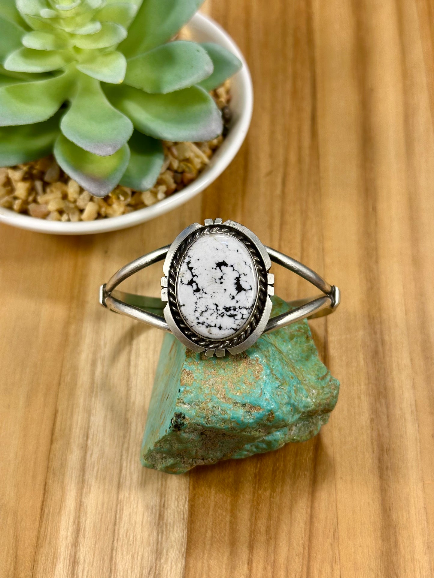 White Buffalo Oval Sterling Silver Cuff Bracelet