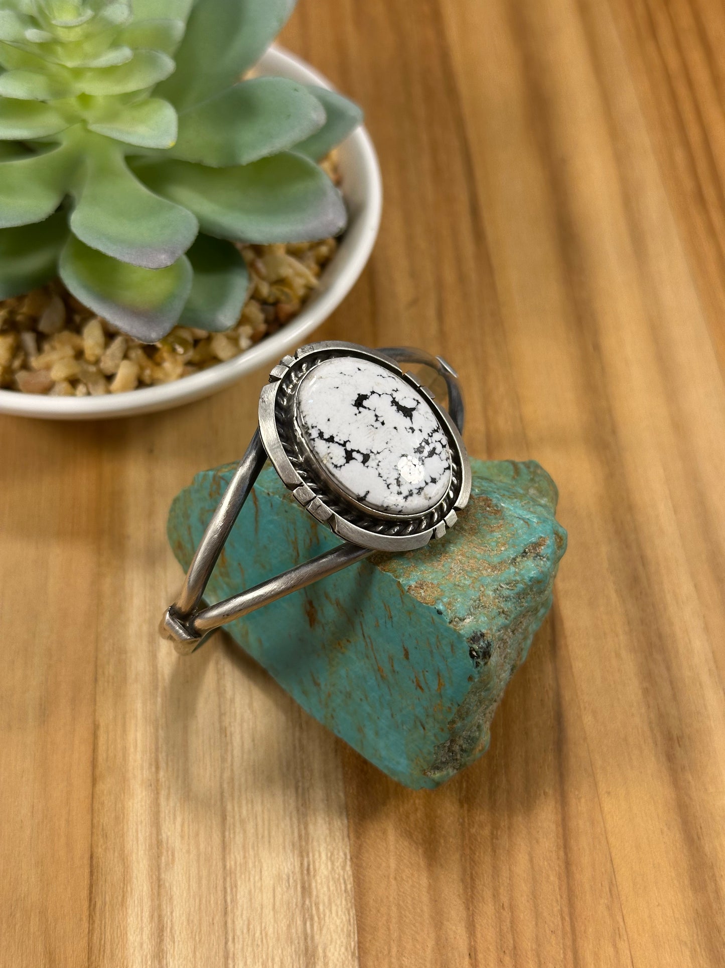 White Buffalo Oval Sterling Silver Cuff Bracelet