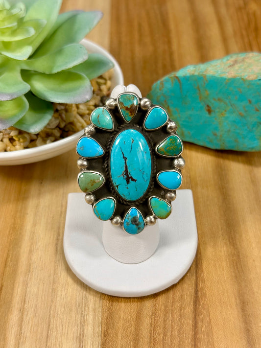 Kingman Turquoise Floral Cluster Sterling Ring