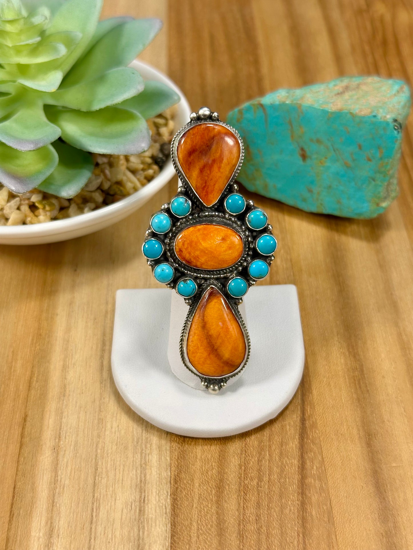 Orange Spiny & Kingman Turquoise Cluster Ring