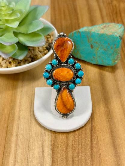 Orange Spiny & Kingman Turquoise Cluster Ring