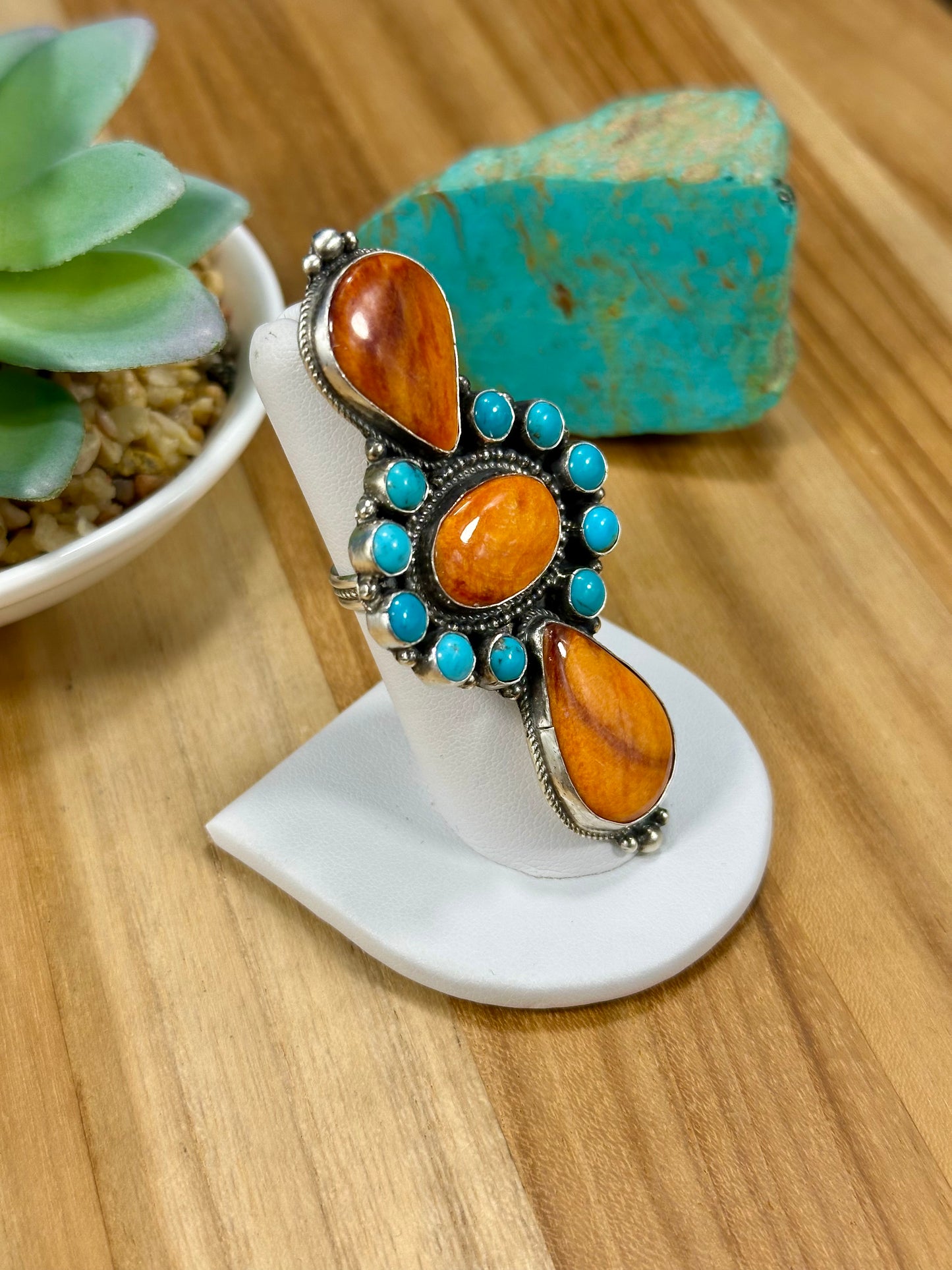 Orange Spiny & Kingman Turquoise Cluster Ring