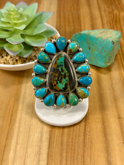 Black Jack & Kingman Turquoise Floral Cluster Ring