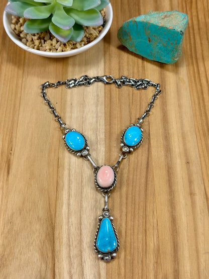 Kingman Turquoise & Pink Conch Lariat Set