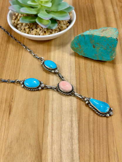 Kingman Turquoise & Pink Conch Lariat Set
