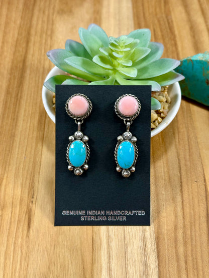 Kingman Turquoise & Pink Conch Lariat Set