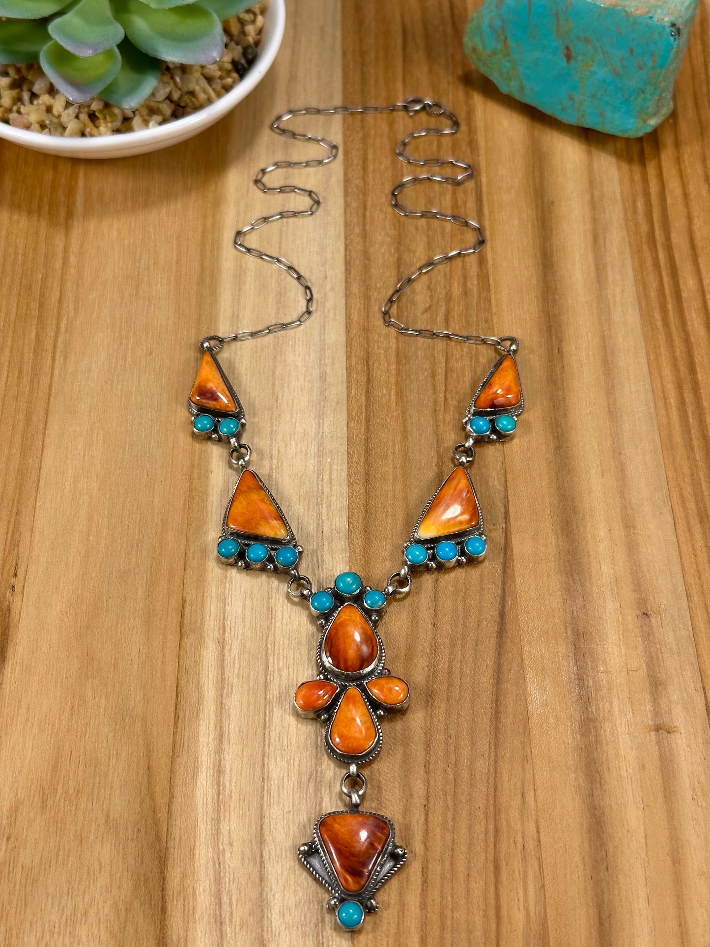 Orange Spiny and Kingman Turquoise Cluster Lariat