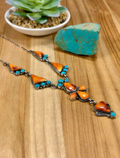 Orange Spiny and Kingman Turquoise Cluster Lariat