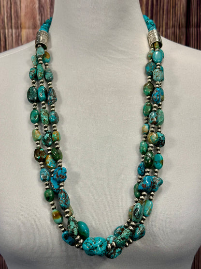 Kingman Turquoise 3 Strand Sterling Pearl Necklace