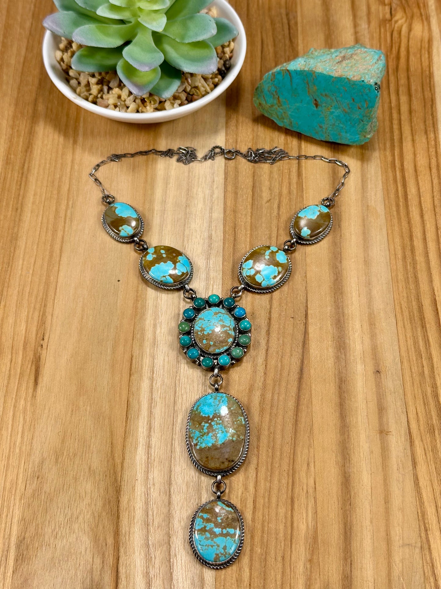 #8 Turquoise Cluster Lariat Sterling Silver Necklace