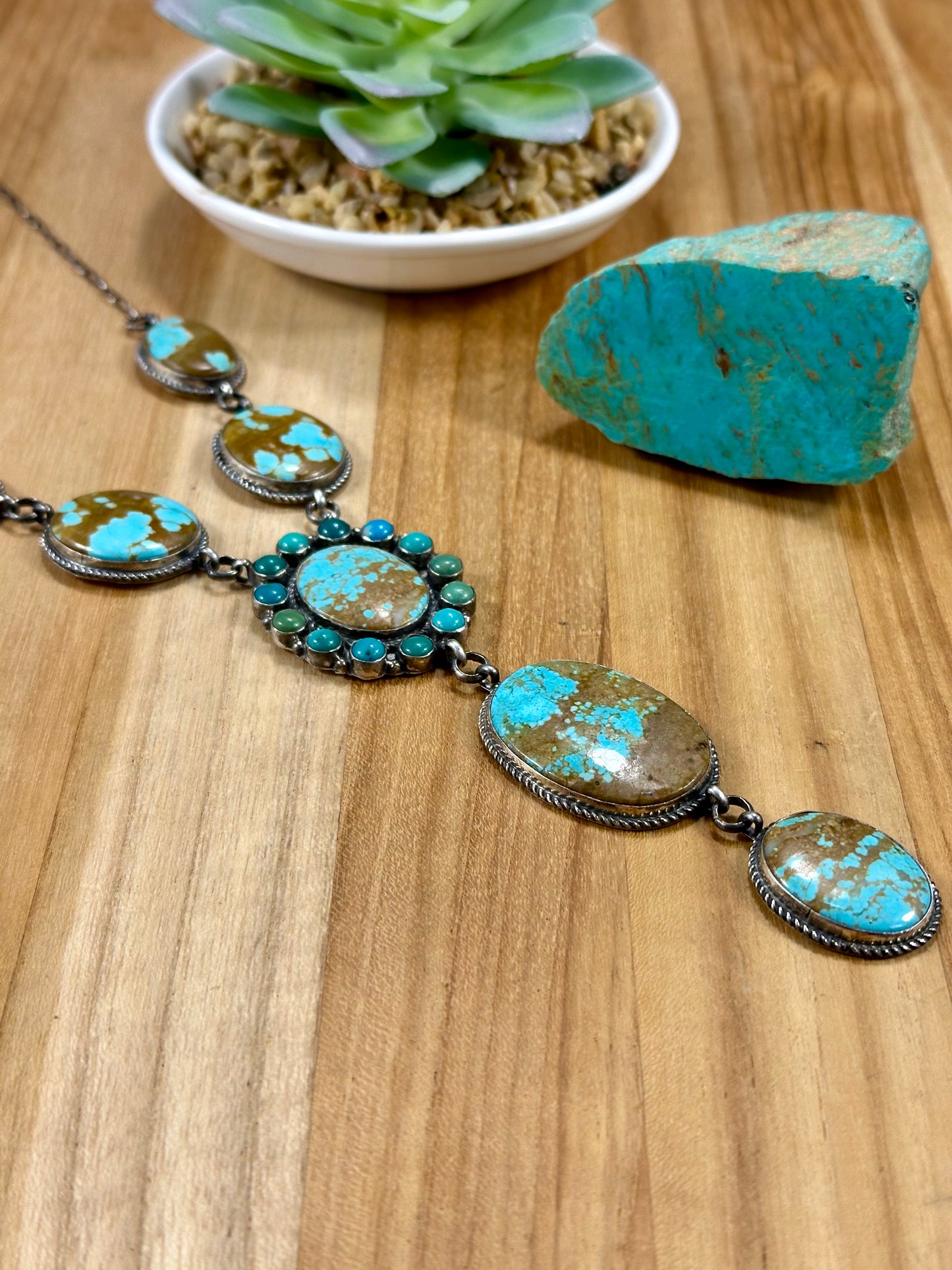 #8 Turquoise Cluster Lariat Sterling Silver Necklace