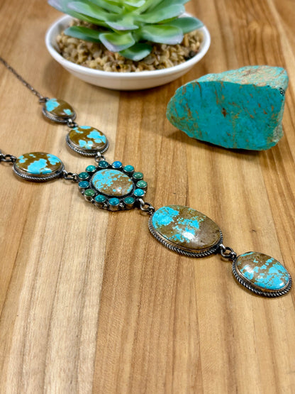 #8 Turquoise Cluster Lariat Sterling Silver Necklace