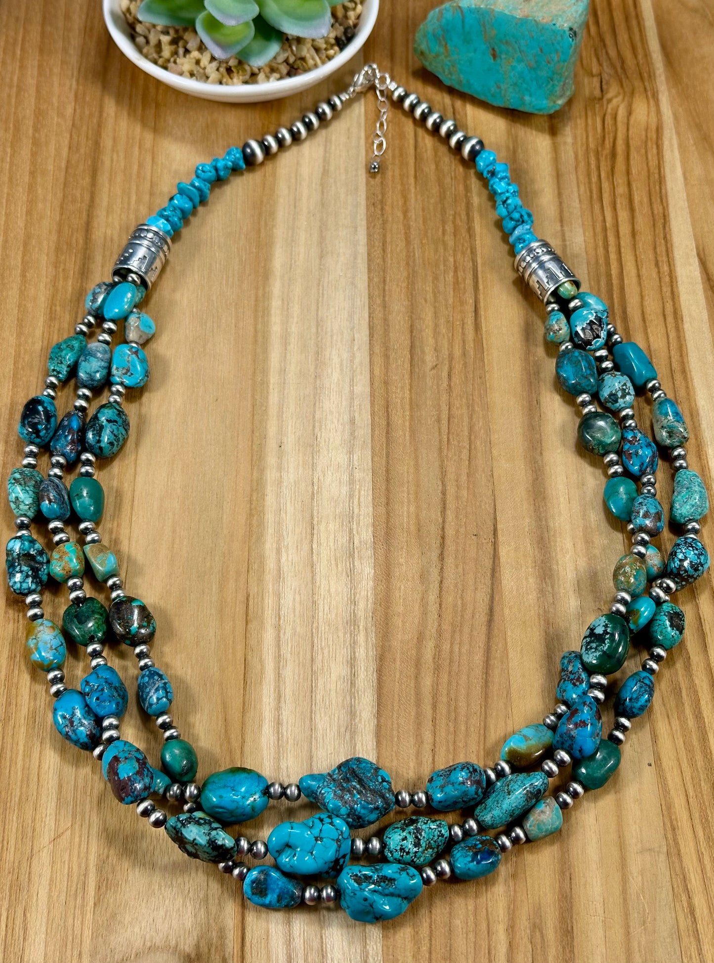Kingman Turquoise 3 Strand Sterling Pearl Necklace