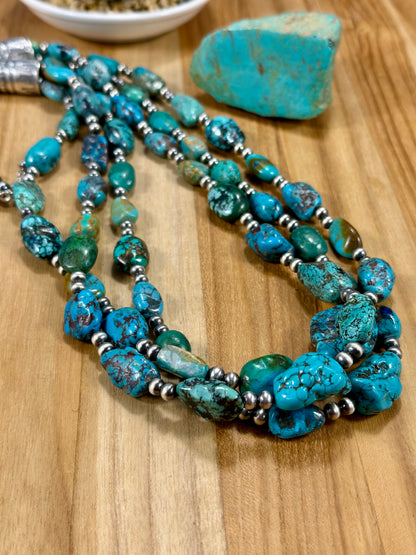 Kingman Turquoise 3 Strand Sterling Pearl Necklace