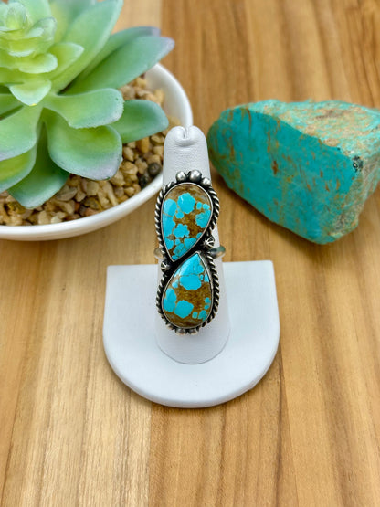 #8 Turquoise Teardrop 2 Stone Sterling Ring