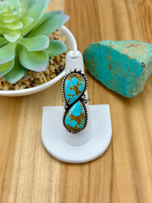 #8 Turquoise Teardrop 2 Stone Sterling Ring