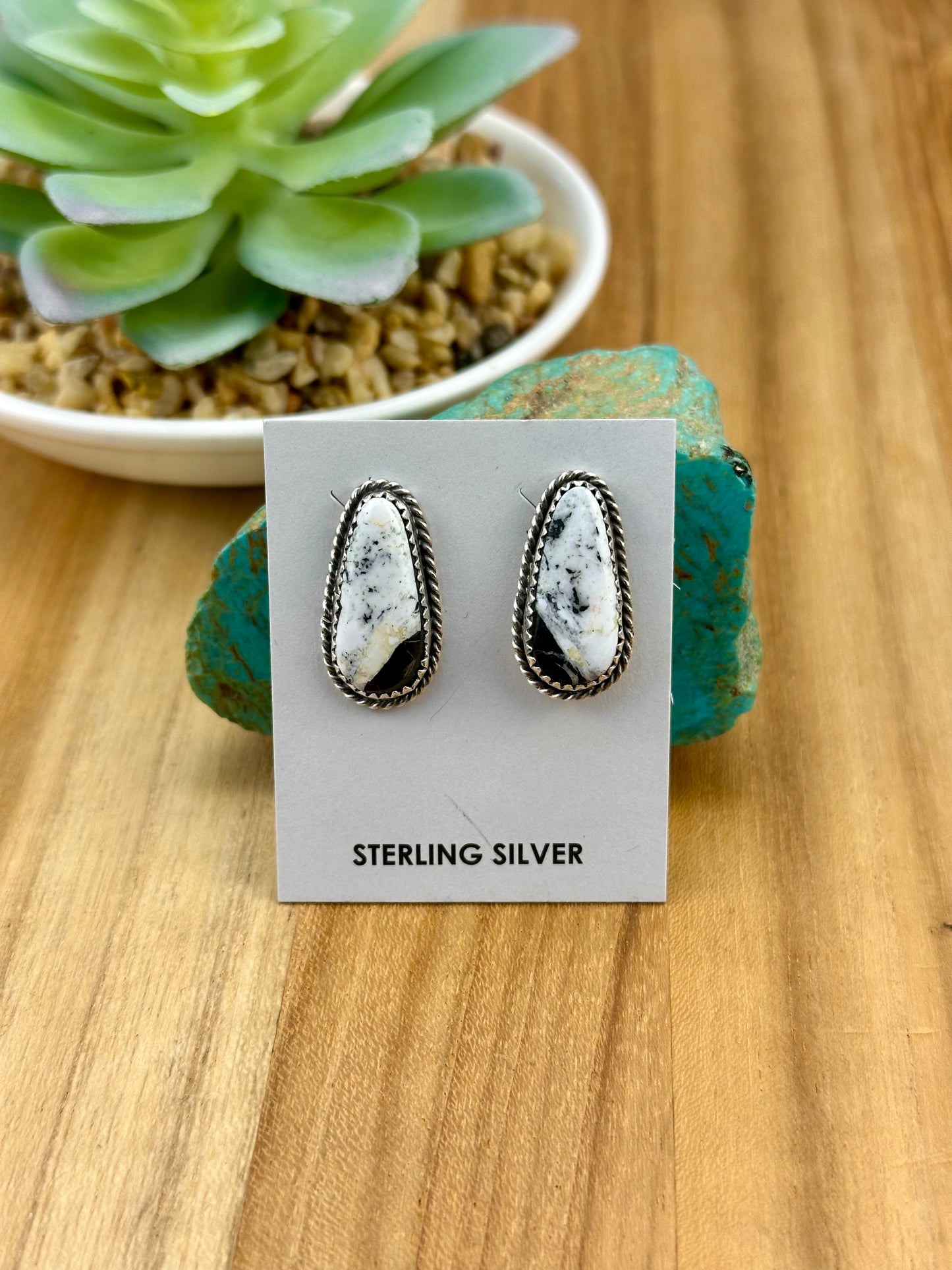 White Buffalo Teardrop Sterling Silver Stud Earrings