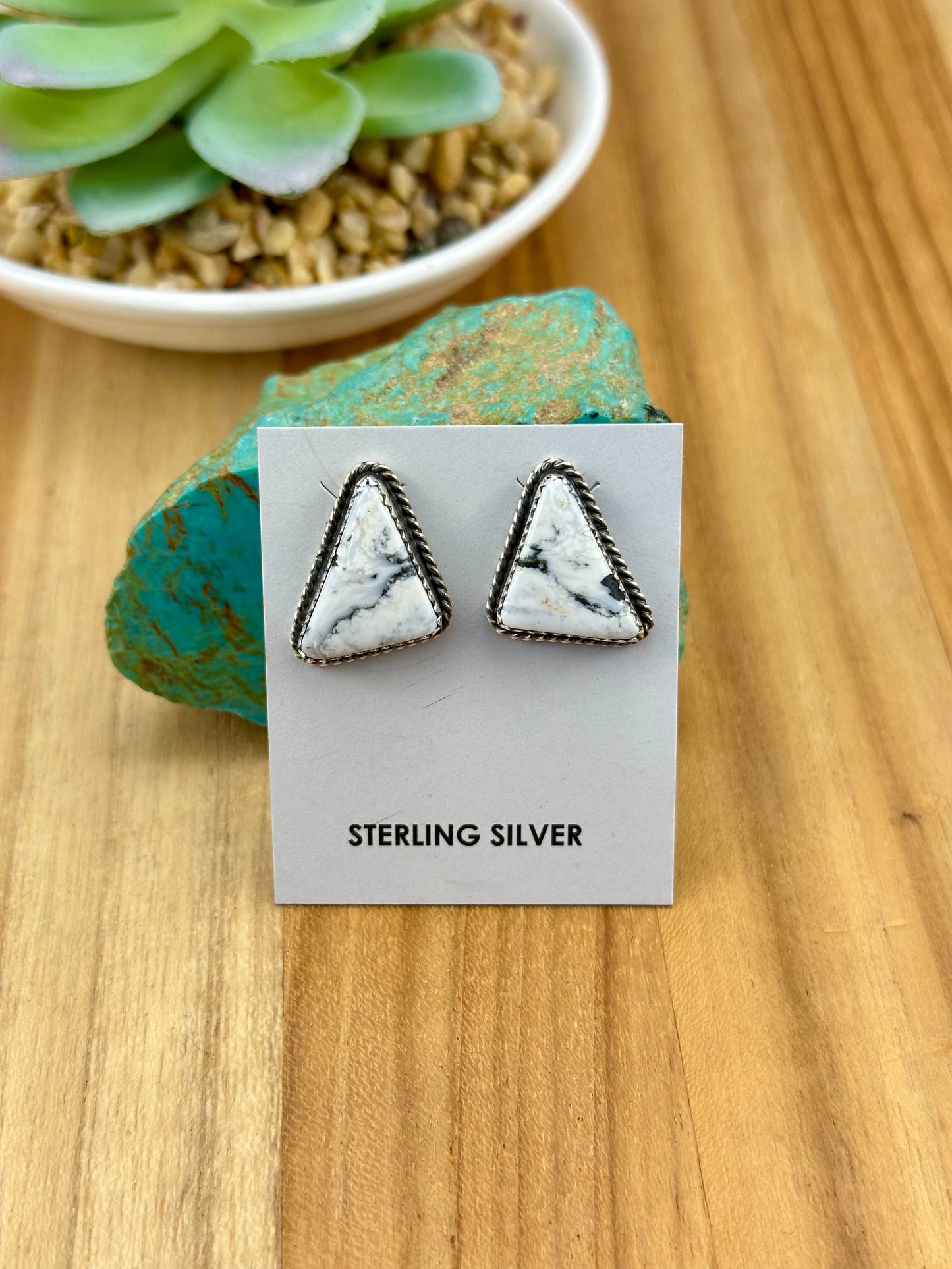 White Buffalo Triangle Sterling Silver Stud Earrings