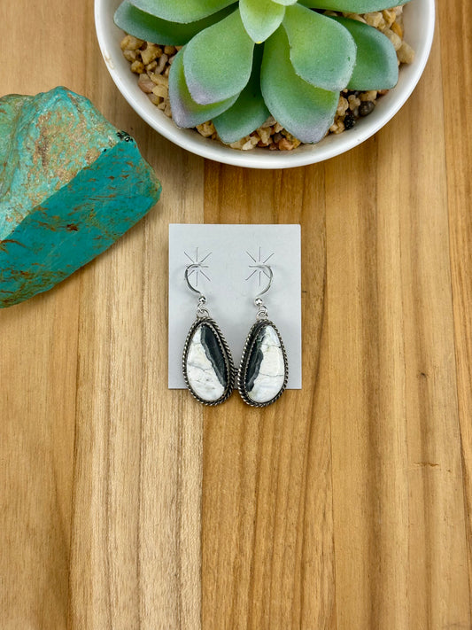White Buffalo Oval Sterling Silver Dangle Earrings